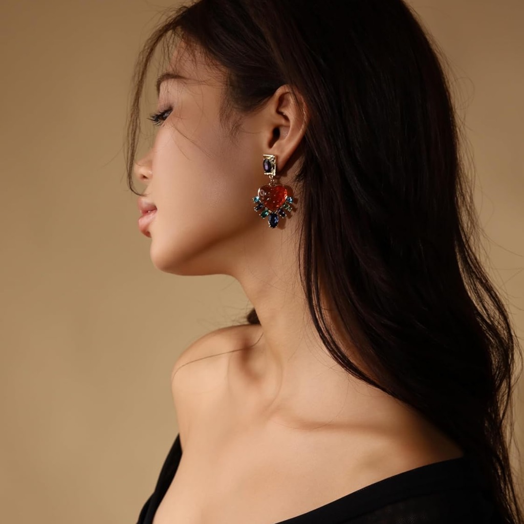 Gold-Tone Orange Heart Drop Earrings With Multicolor Stones